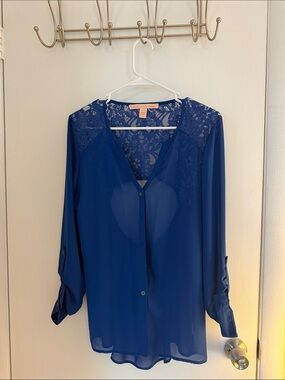 Blue Lace-Detail Button Front Blouse - Unknown Brand